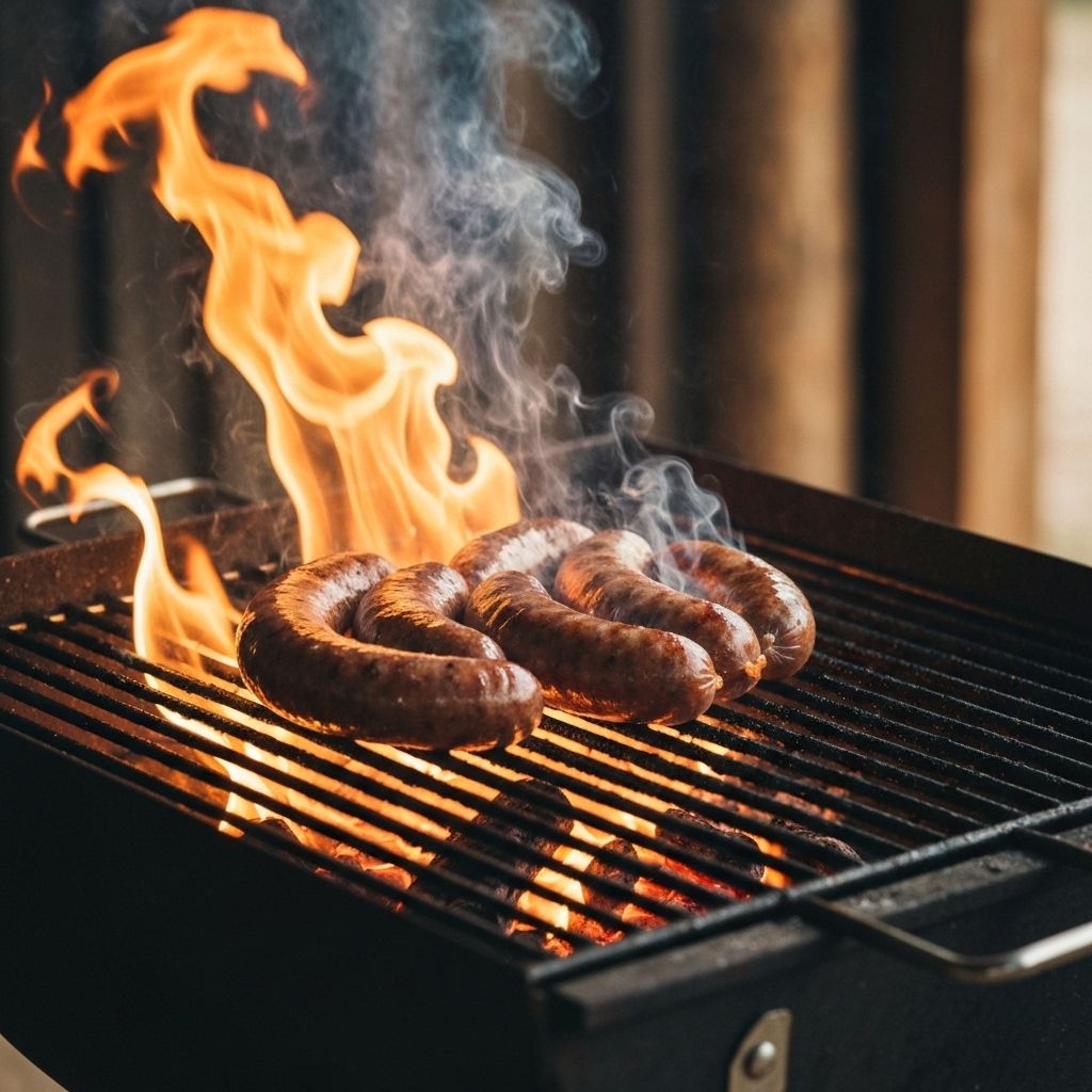 Traditional boerewors sausages grilling on charcoal braai